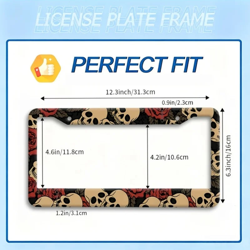 Aluminum License Plate Frame – Vintage Skull & Red Rose License Plate Frame HIP