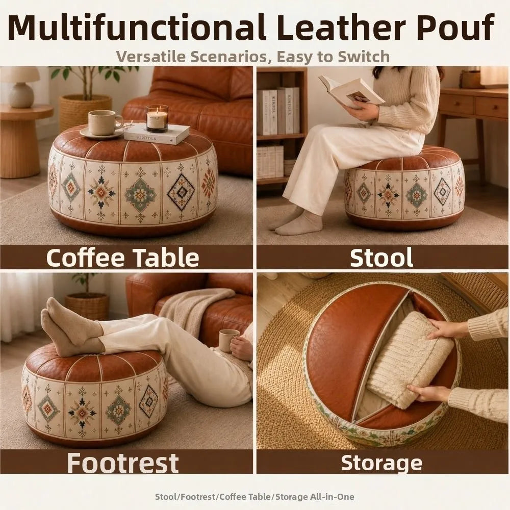 Boho PU Leather Storage Ottoman Pouf – Round Floor Seat Storage Ottoman Pouf HIP