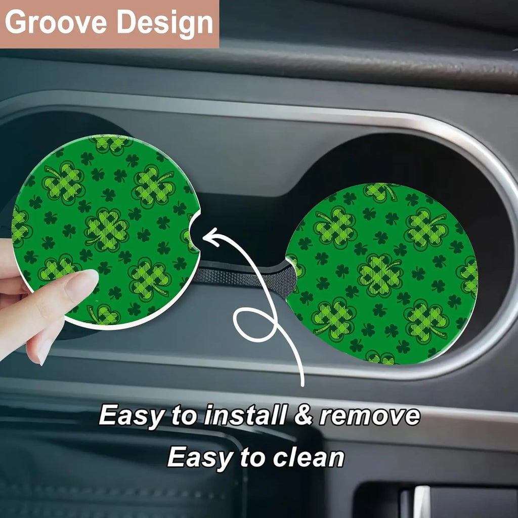 Green Plaid Clover Ceramic Car Cup Coasters – 2 Pack Car Cup Coaster HIP