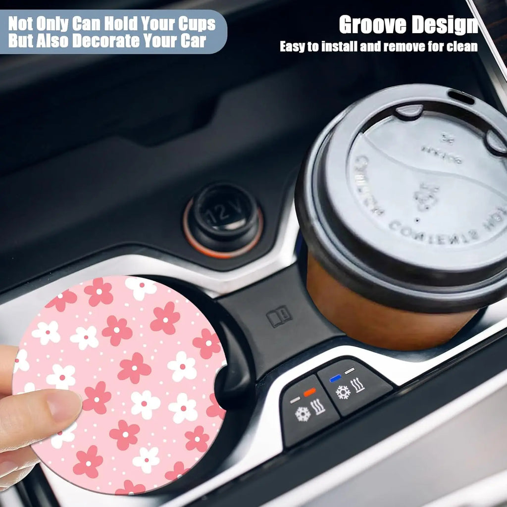 Boho Ceramic Car Cup Holder Coasters White Pink – 2 Pack Car Cup Coasters HIP