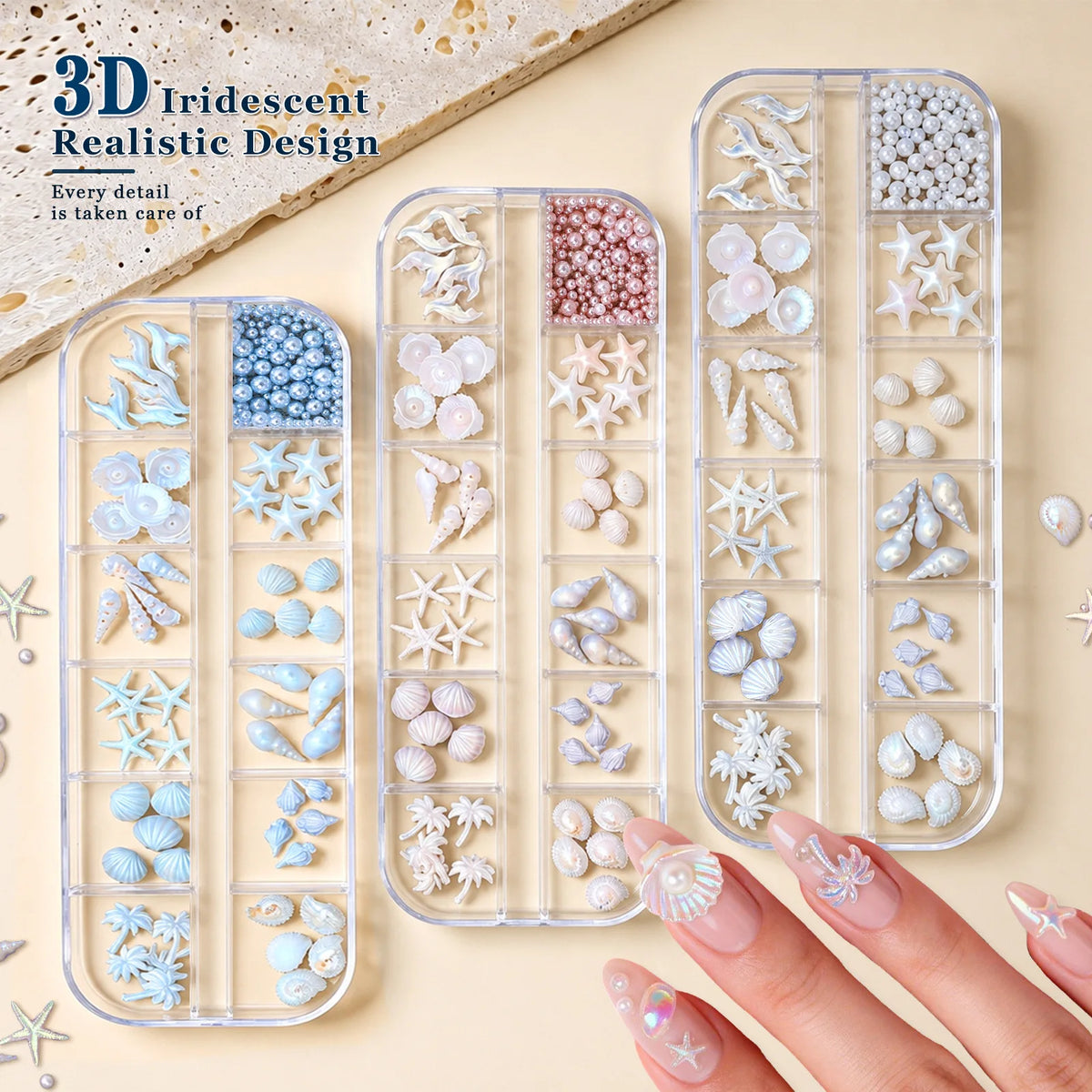 12 Grids Aurora White Blue Starfish Shell Conch Coconut Tree Pearl Nail Rhinestones Decorations Manicure Ocean Life Charms HIP