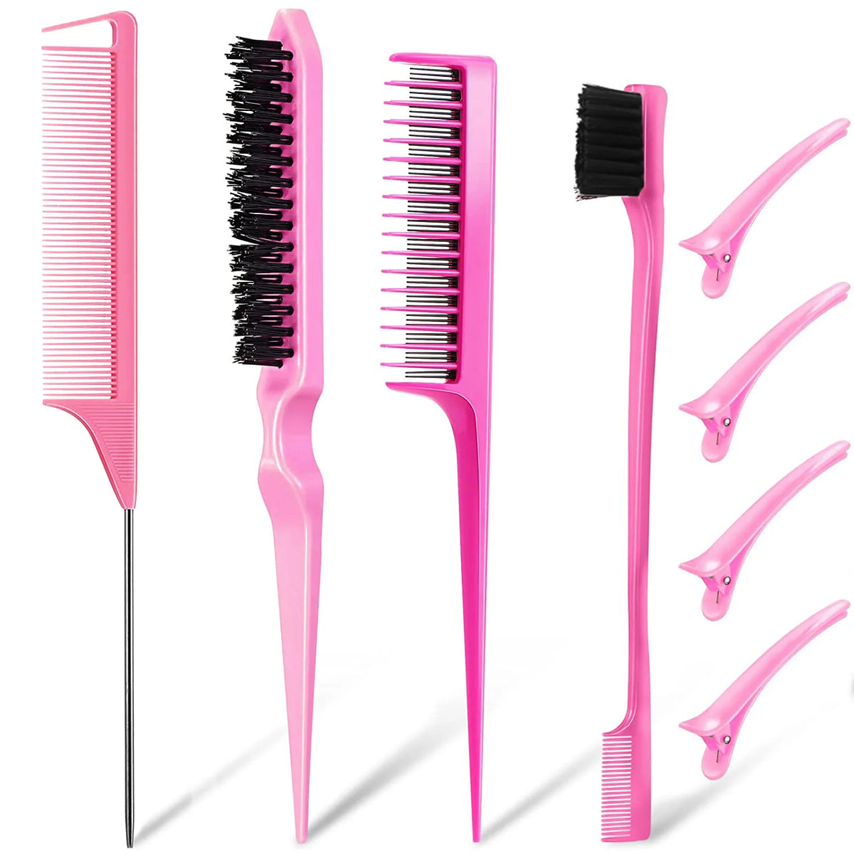 8pcs Hair Styling Comb Set Teasing Hair Brush Triple Teasing Comb Rat Tail Combs Edge Brush Hair Tail Tools Braid Tool Loop HIP Red