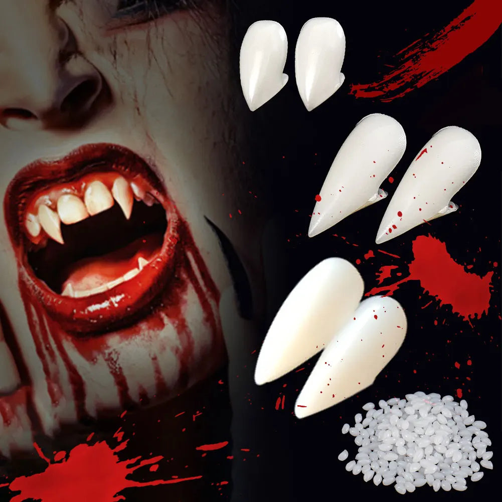 1 Pair Vampire Teeth Fangs Dentures Props Halloween Costume Props False Teeth Solid Glue Denture Adhesive Halloween Party Decor HIP