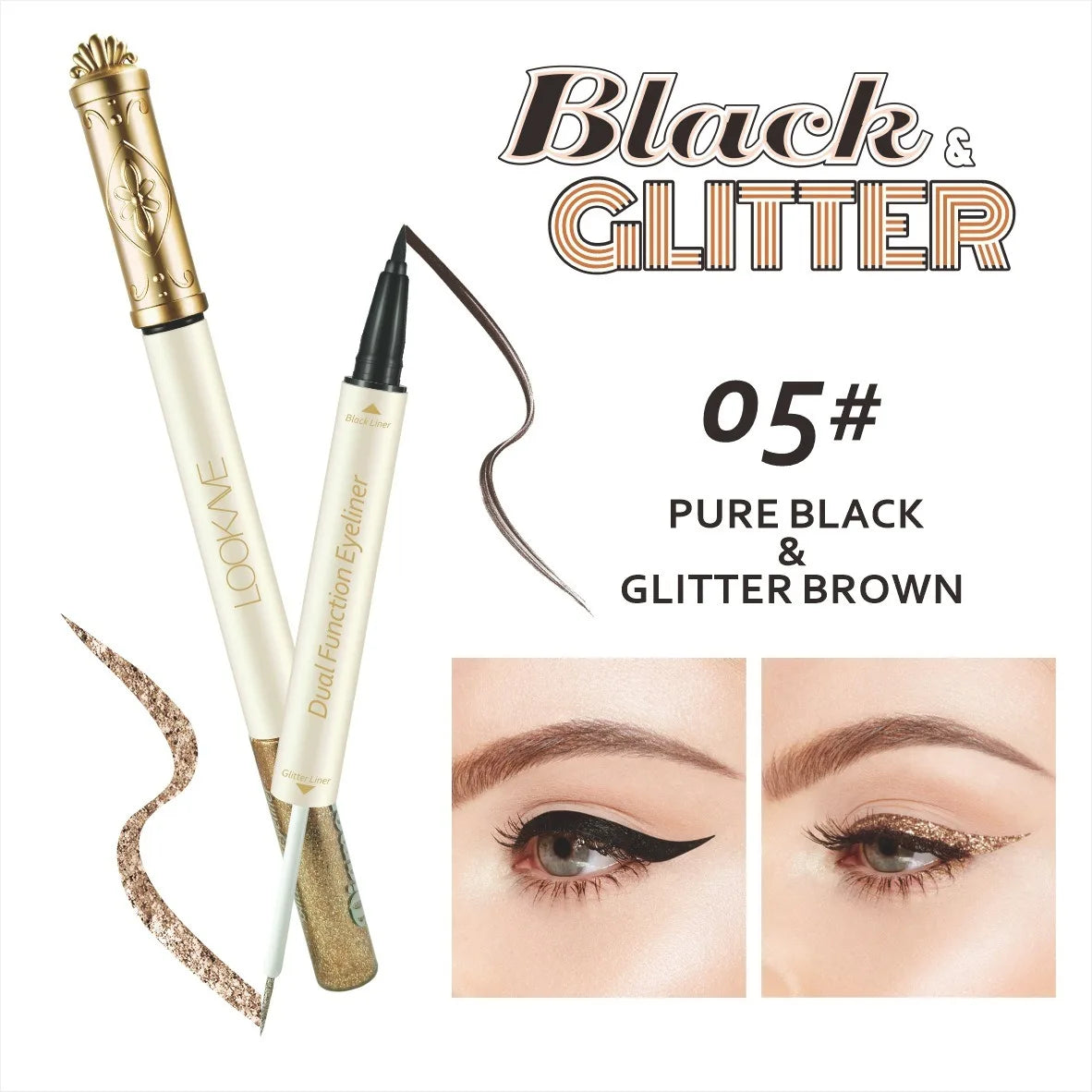Dual Eyeliner Wand Pearlescent Diamond Eye Shadow Liquid Sequins Smooth Mini Fine Brush Black Silver Gold Glitter Eye Pigment HIP 05