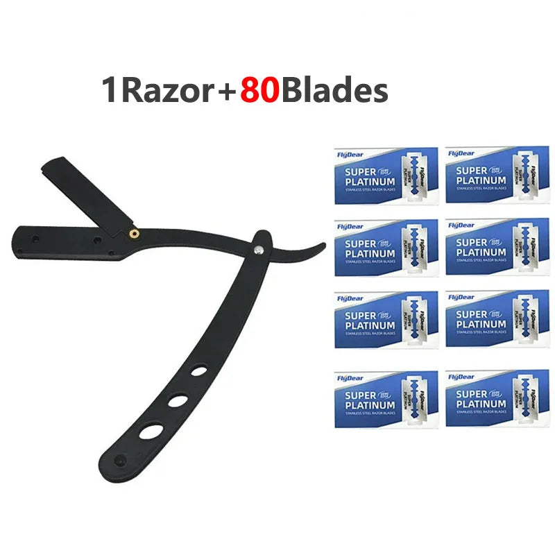 Men's Straight Edge Folding Razor – Stainless Steel + Blades Straight Edge Razor HIP C635-1Razor 80blades