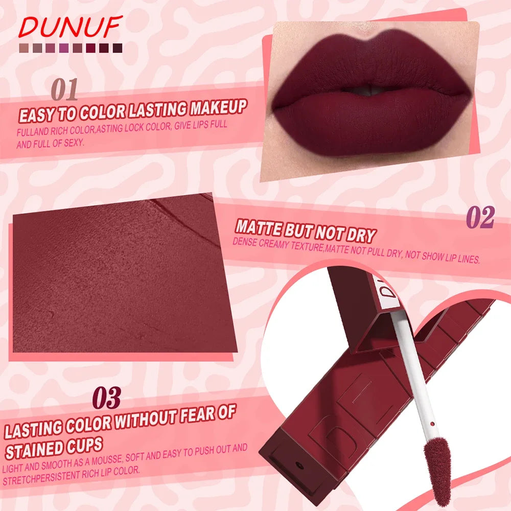 DUNUF Velvet Matte Lip Glaze – Waterproof, 8 Shades Velvet Matte Lip Glaze HIP