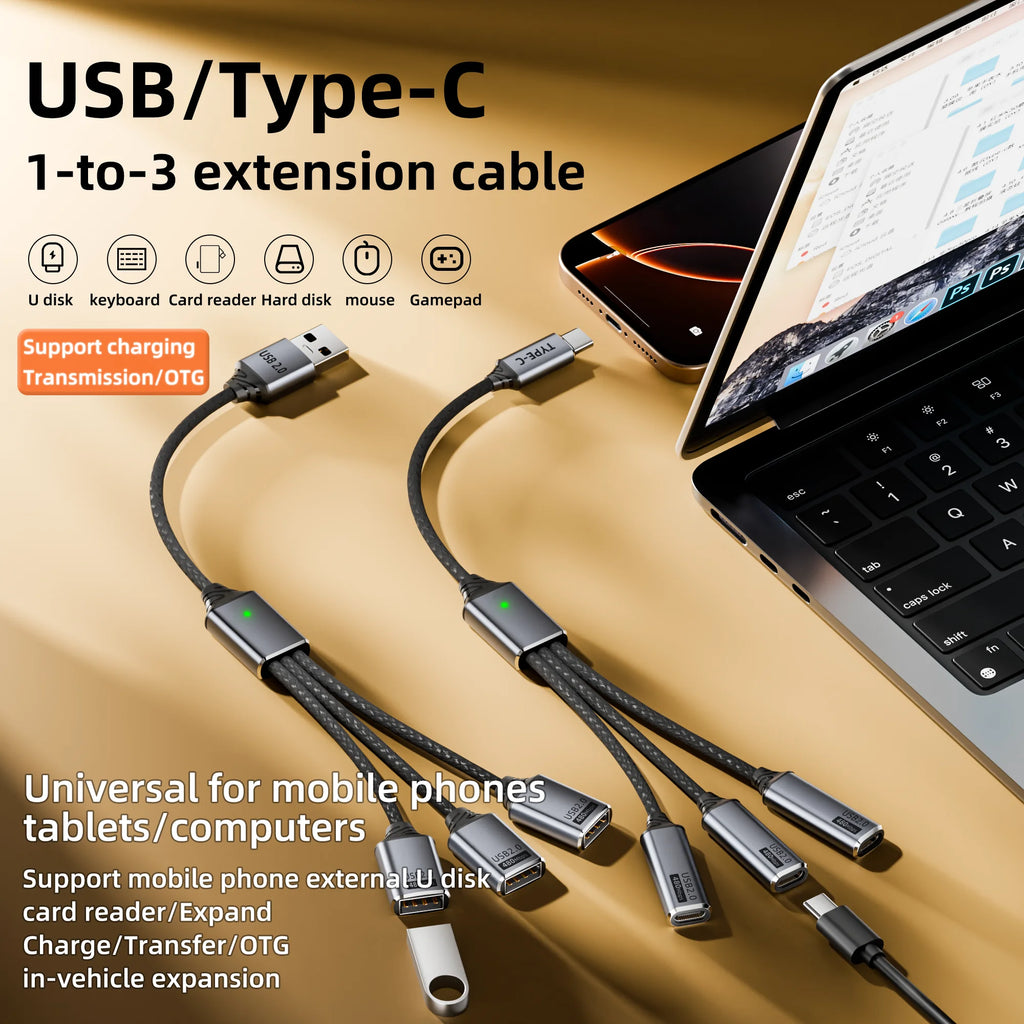 USB Splitter Cable 1-to-3 USB-A & Type-C Expansion Hub USB Expansion Hub HIP