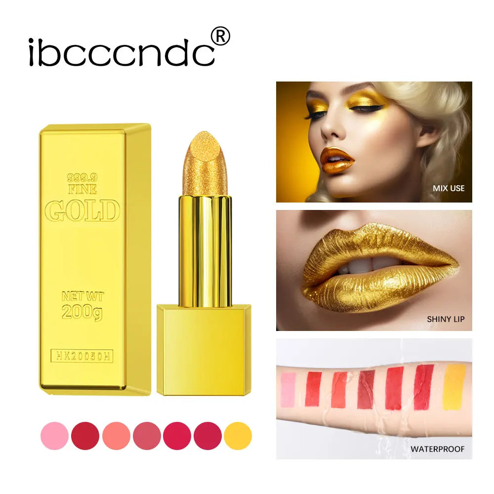 Shimmer Gold Lipstick Metallic Glitter Sexy Lipsticks Long Lasting Batom Waterproof Cosmetic Gold Brick Tube Design Gift 3.5g HIP