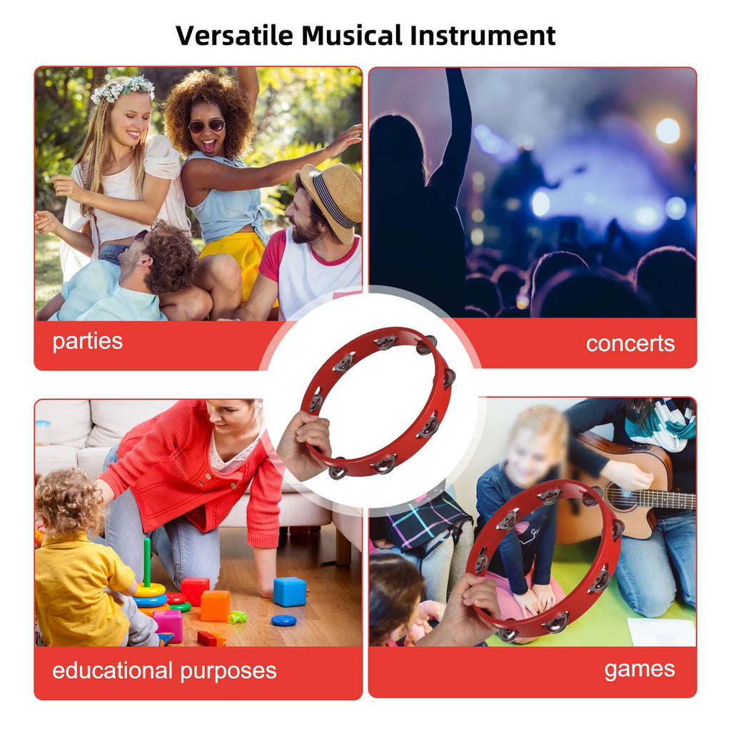 8-inch Tambourine for Adults Pleasant Jingle Sound Red Hand Cranked Bell Rings Wooden Metal Bell Sound Percussion Instruments HIP