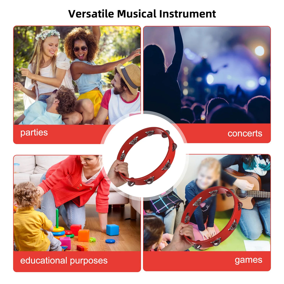 8-inch Tambourine for Adults Pleasant Jingle Sound Red Hand Cranked Bell Rings Wooden Metal Bell Sound Percussion Instruments HIP