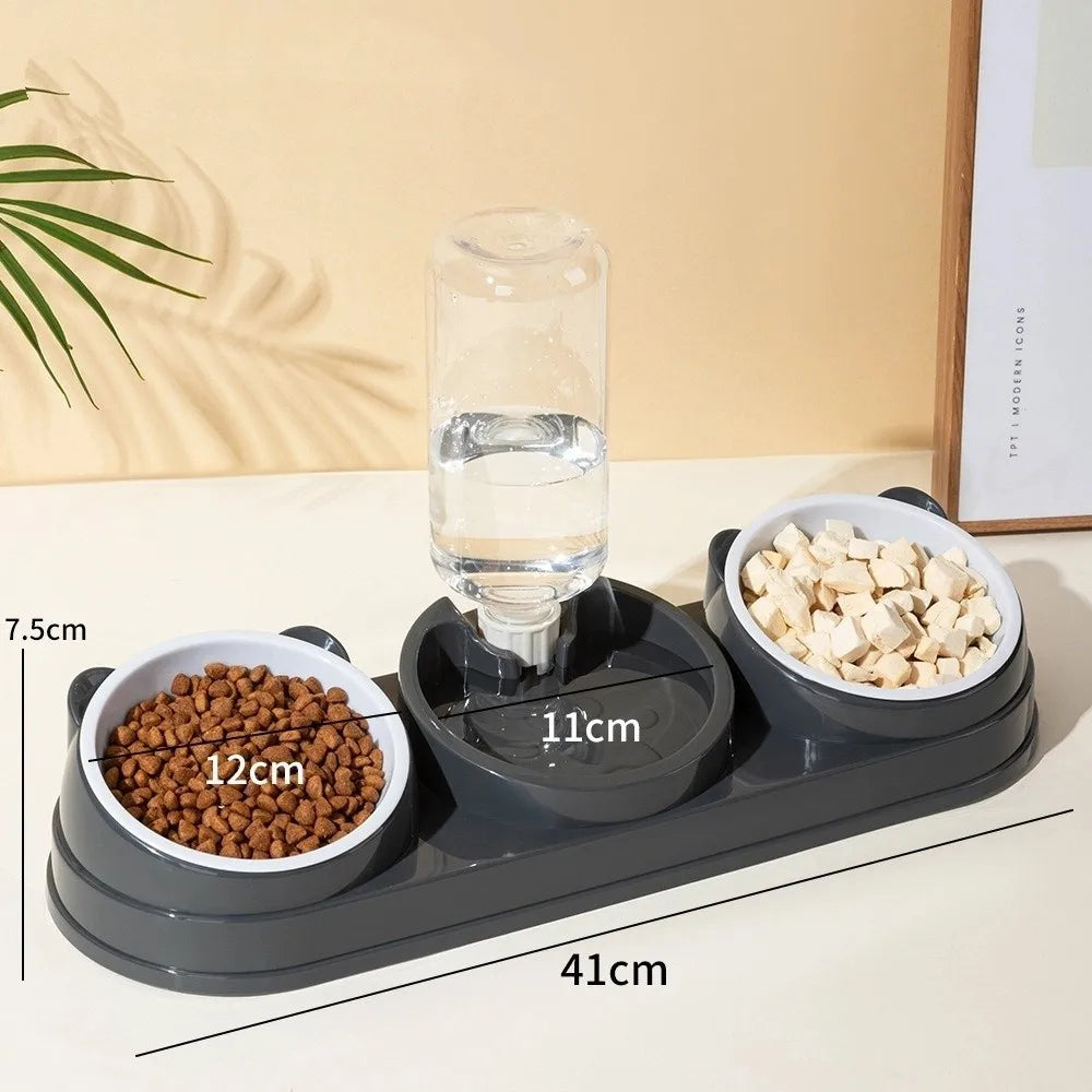 15° Raised 3-in-1 Cat & Dog Double Bowl Feeder + Water Dispenser Raised Pet Feeder HIP Grey