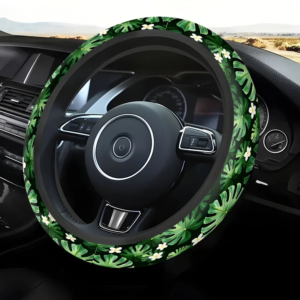 Tropical Leaf & Flower Car Steering Wheel Cover – Soft Grip Steering Wheel Cover HIP