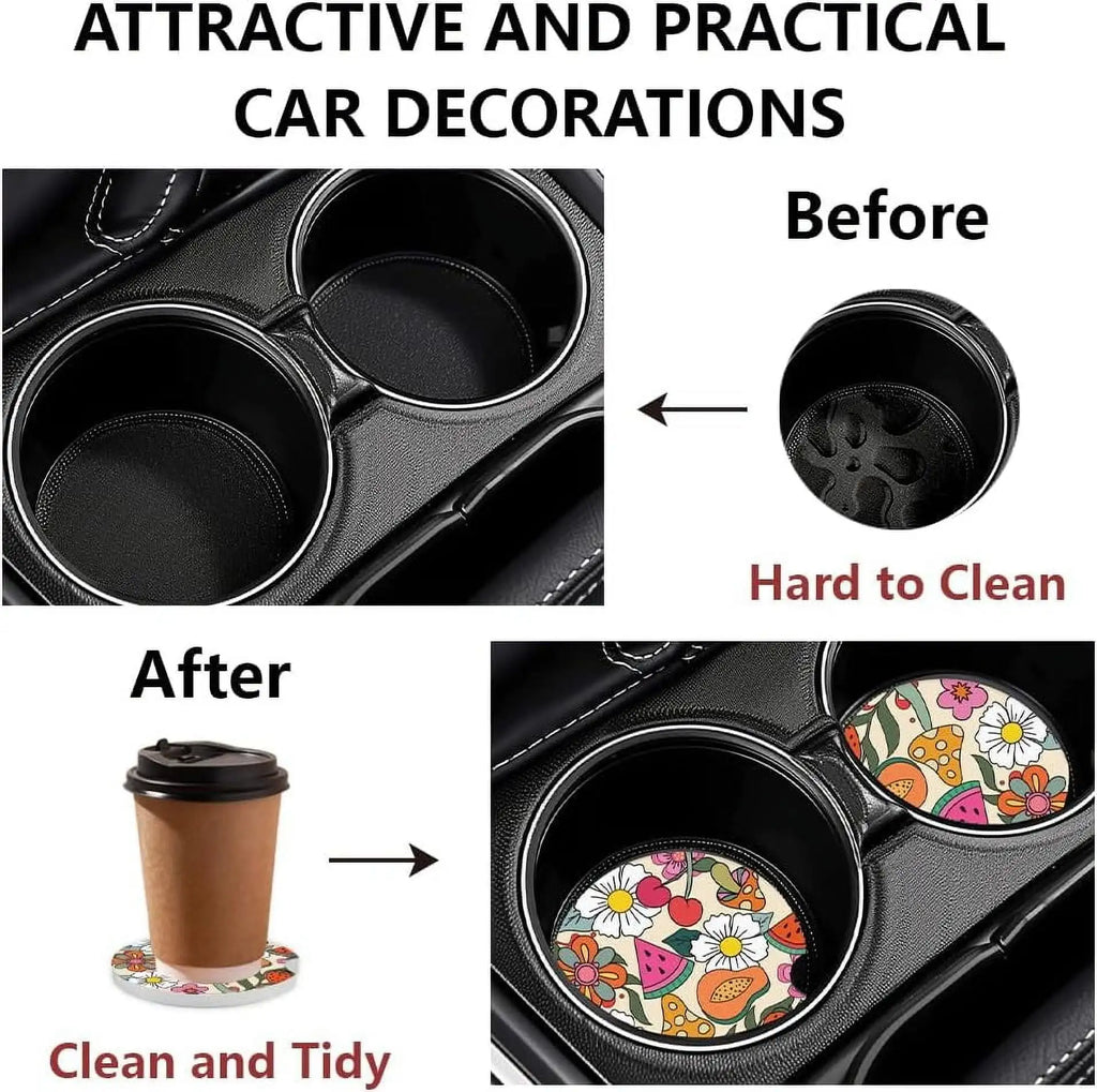Ceramic Car Cup Holder Coasters, Floral & Fruit Design – 2-Pack Car Cup Coaster HIP