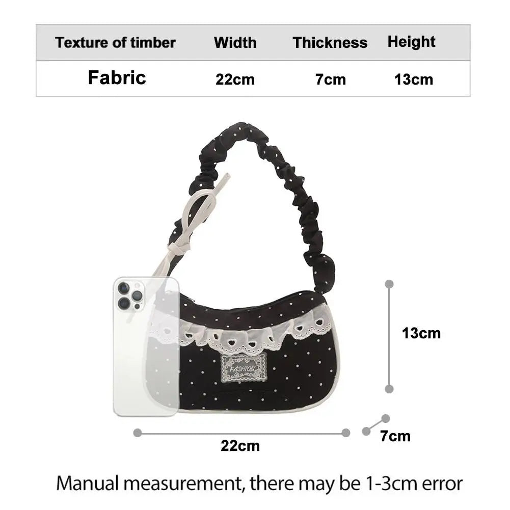 Lace Polka Dot Shoulder Bag Stretchable Strap Large Capacity Pleated Underarm Bag Polyester Multi-Color French Stick Handbag HIP