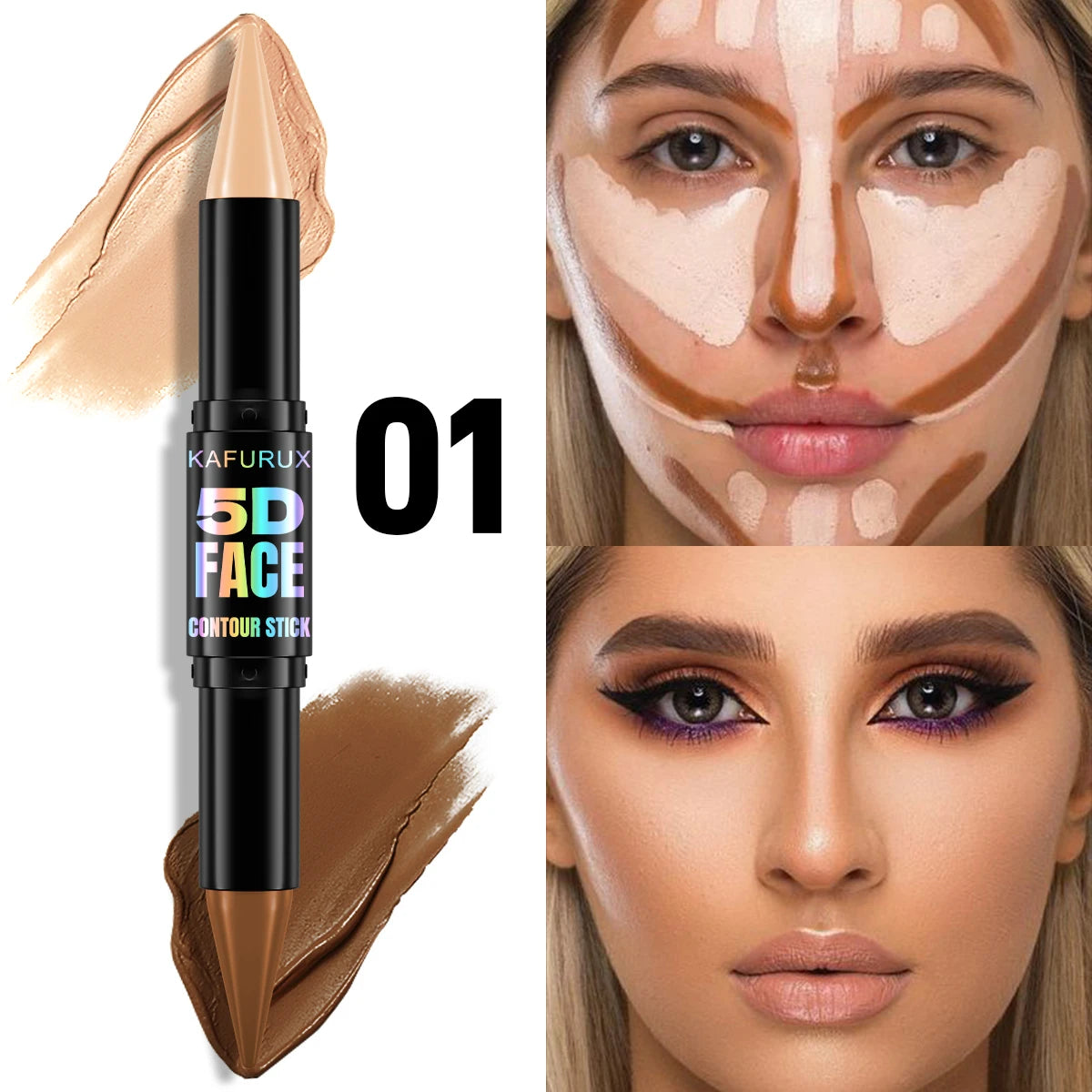 1PC Contour Stick Duo, Double-Eneed Highlight and Shadow Cream Waterproof Full Coverage Face Foundation Concealer Pen Long Lasti HIP 01