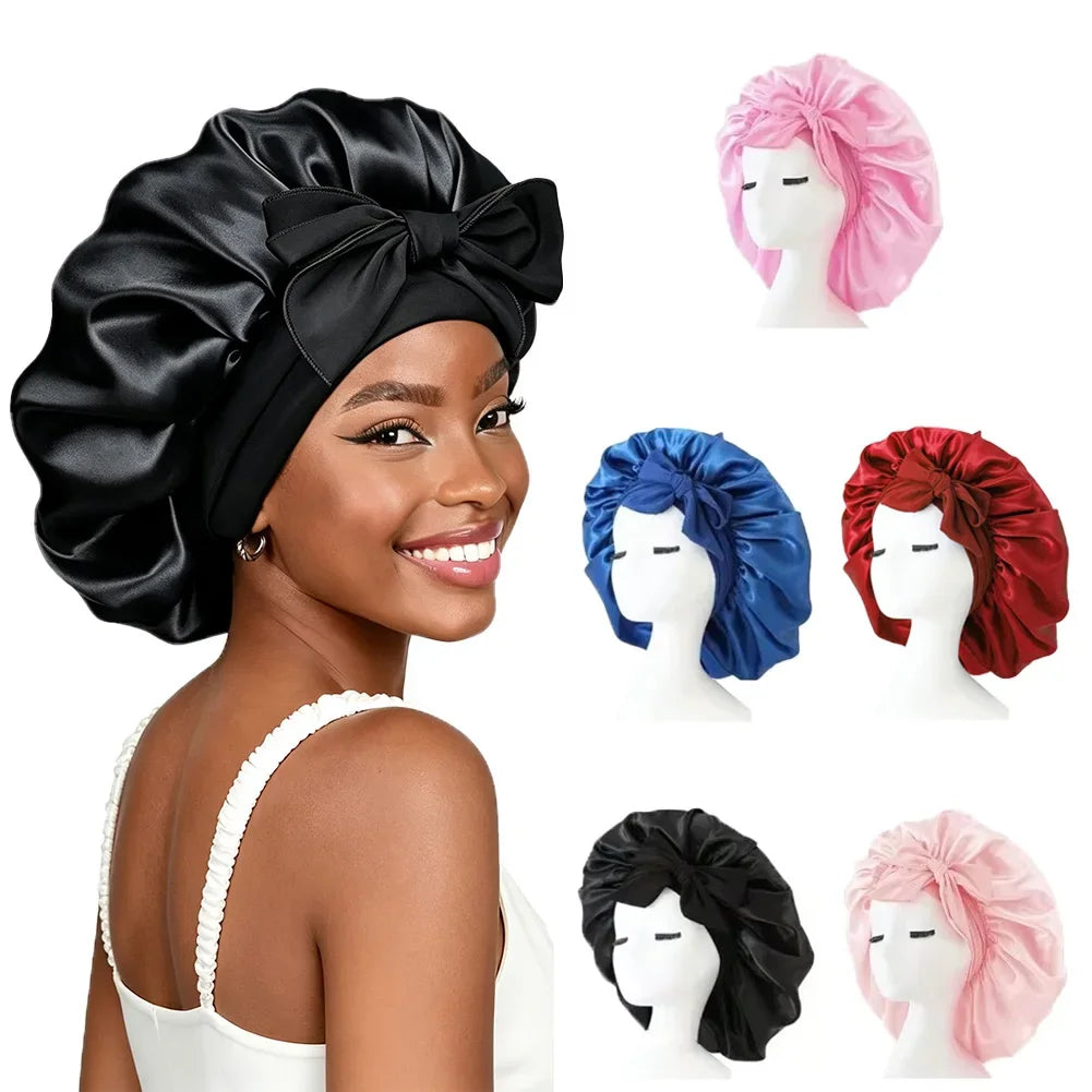 Universal Bathing Hair Head Cover Reusable Wide Brim Hair Protection Hat with Stretchy Tie Band Satin Sleeping Bonnet Shower Cap HIP