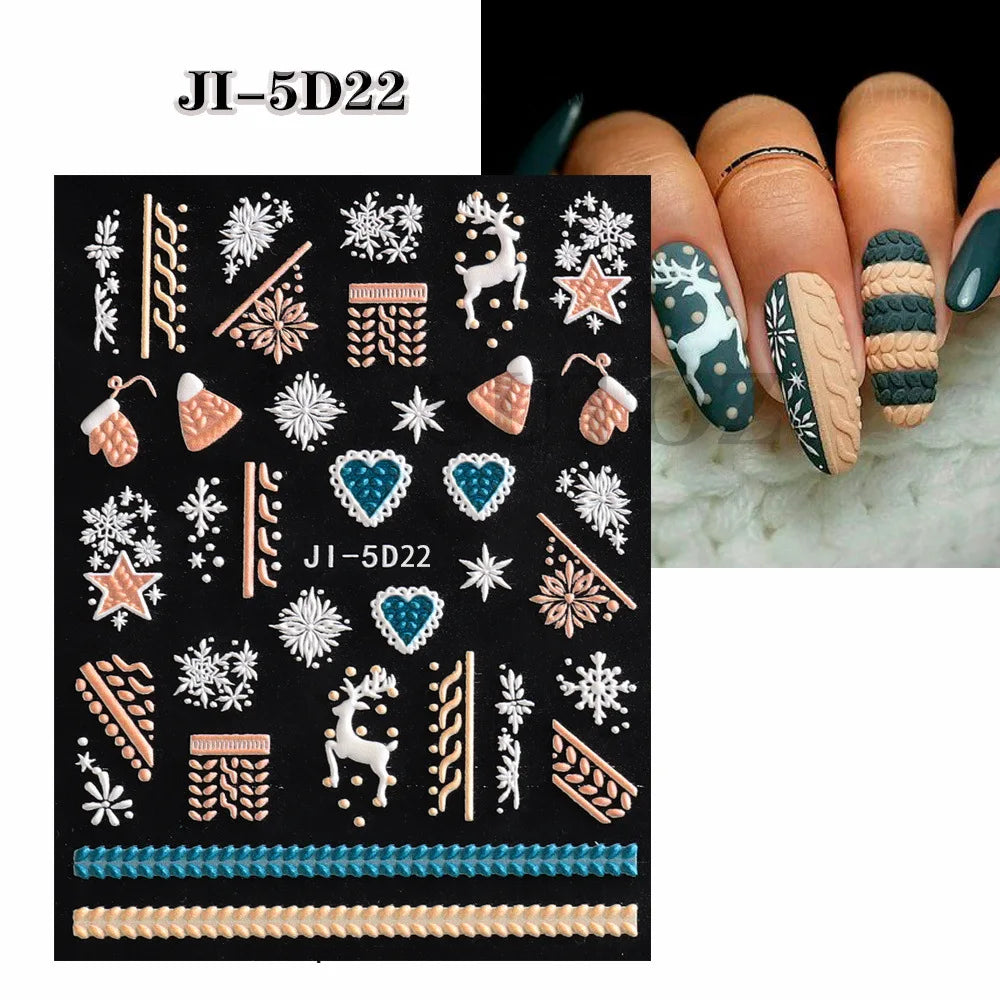 5D Embossed Santa Claus Gingerbread Man Elk Nail Art Stickers Christmas Cartoon Bear Snowman Tree Sliders New Year Xmas Decals HIP 22