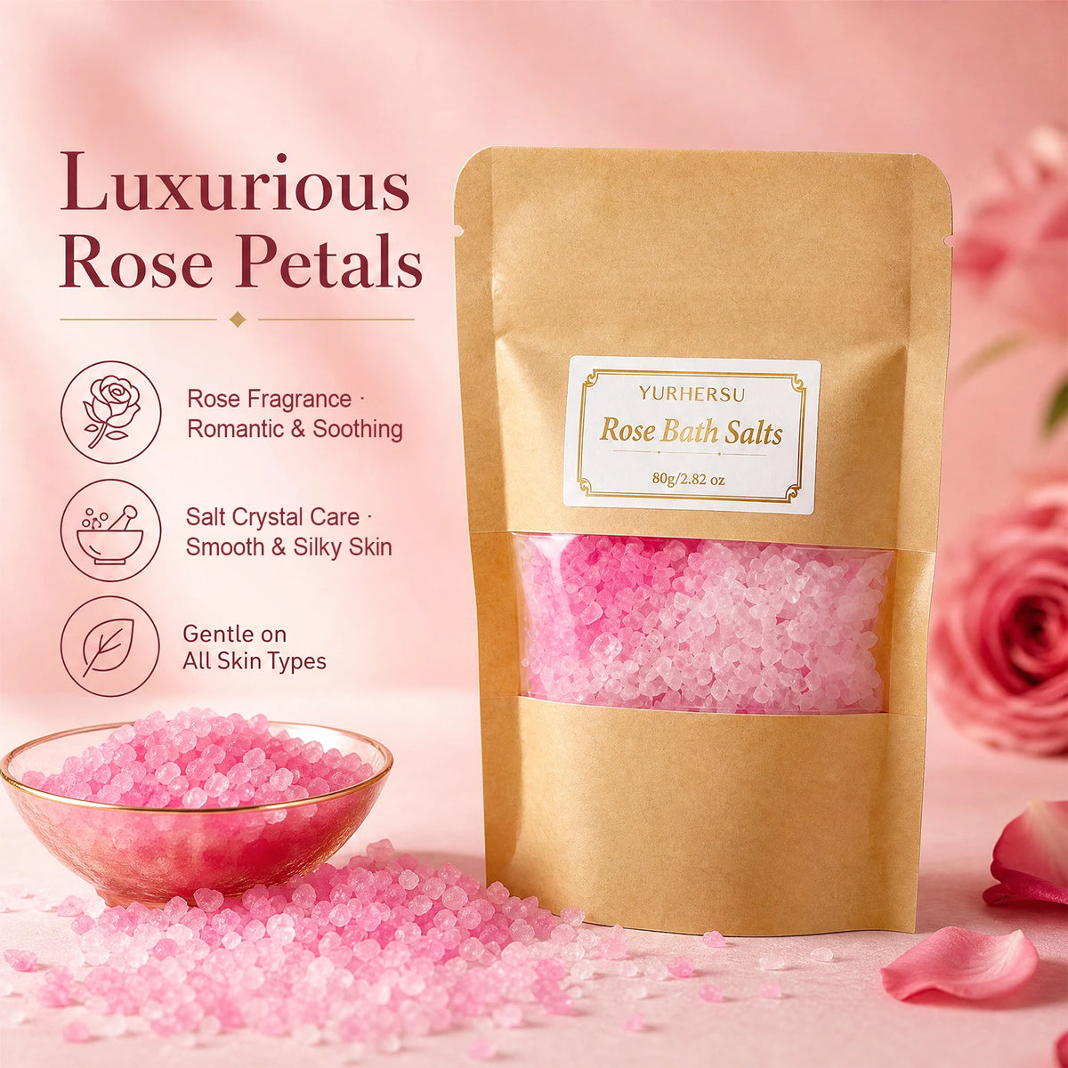Rose Bath Salt with Essential Oil – Portable Spa Soak Rose Bath Salt HIP 80G