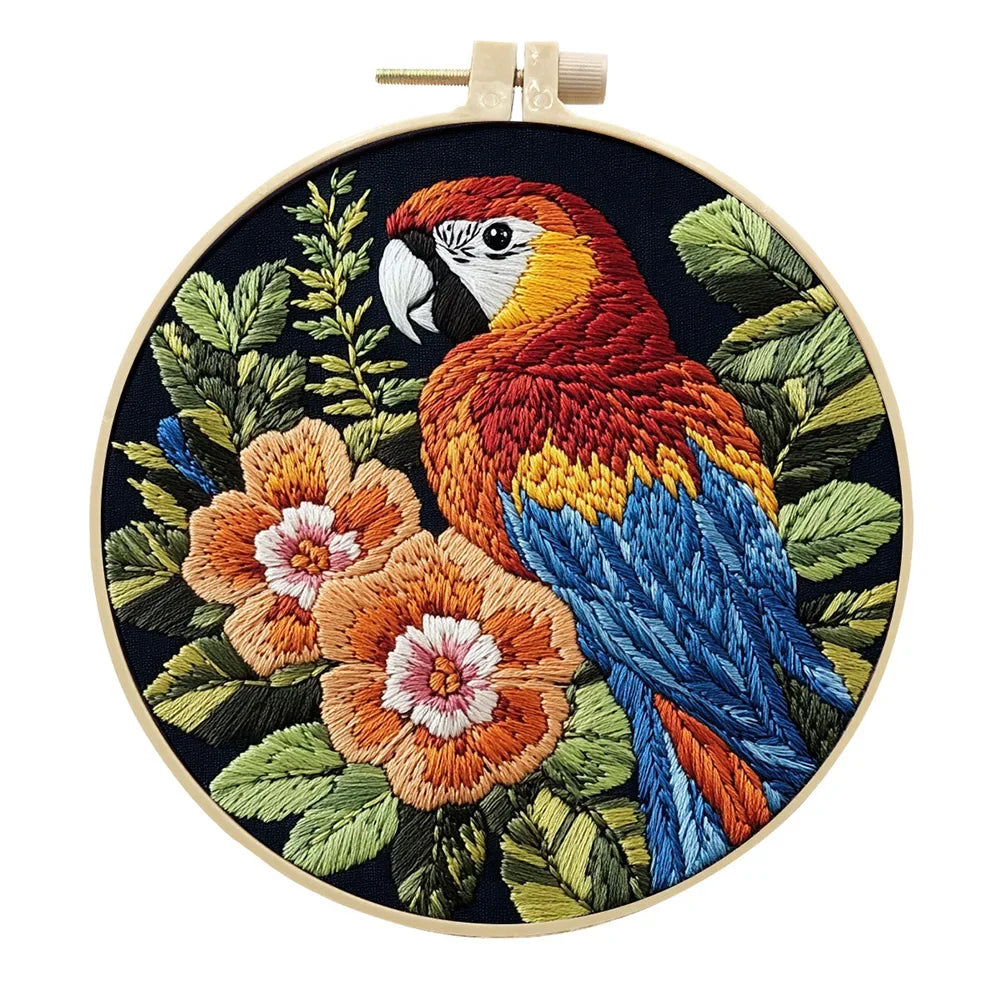 DIY Parrot Embroidery Set Embroidery Supplies with 15cm Bamboo Ring Animal Sewing Hobby Butterfly Bird Bee Adult Beginner Gift HIP 02 with hoop