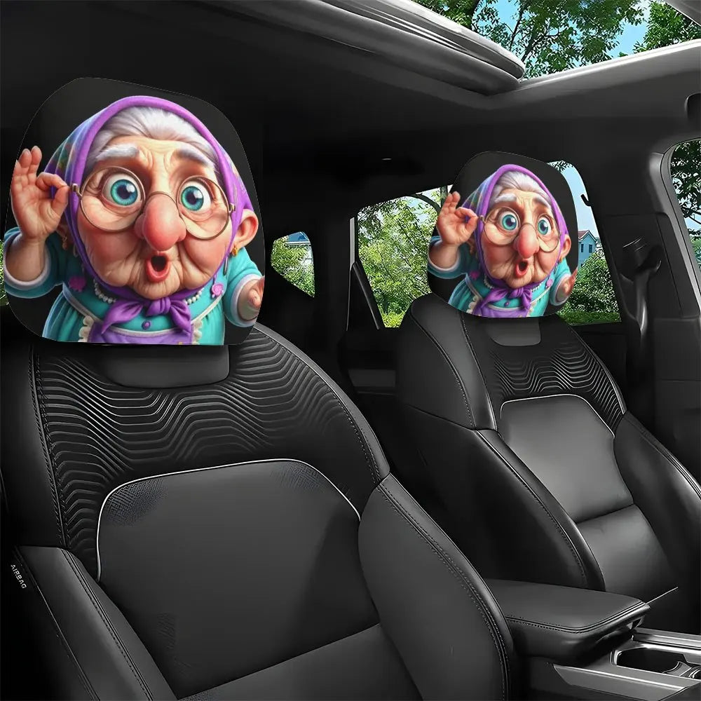 Funny Granny Print Car Headrest Covers – Universal Fit Car Headrest Cover HIP