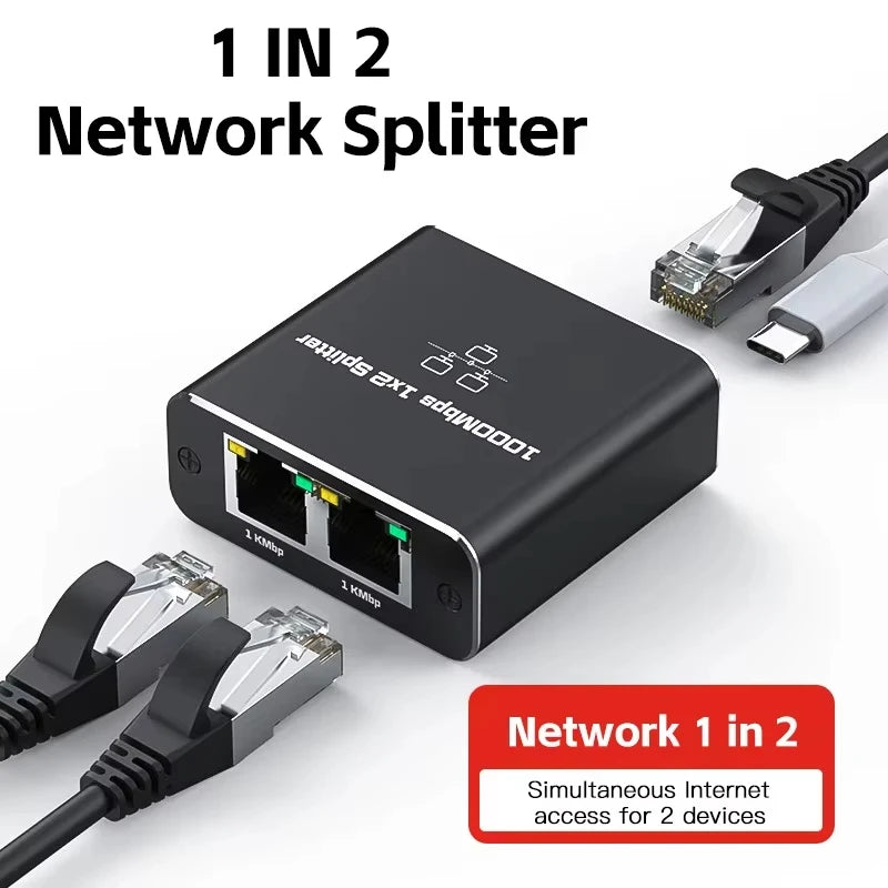 Gigabit Ethernet Splitter 1 to 2 RJ45 Hub – 1000Mbps Ethernet Network Splitter HIP
