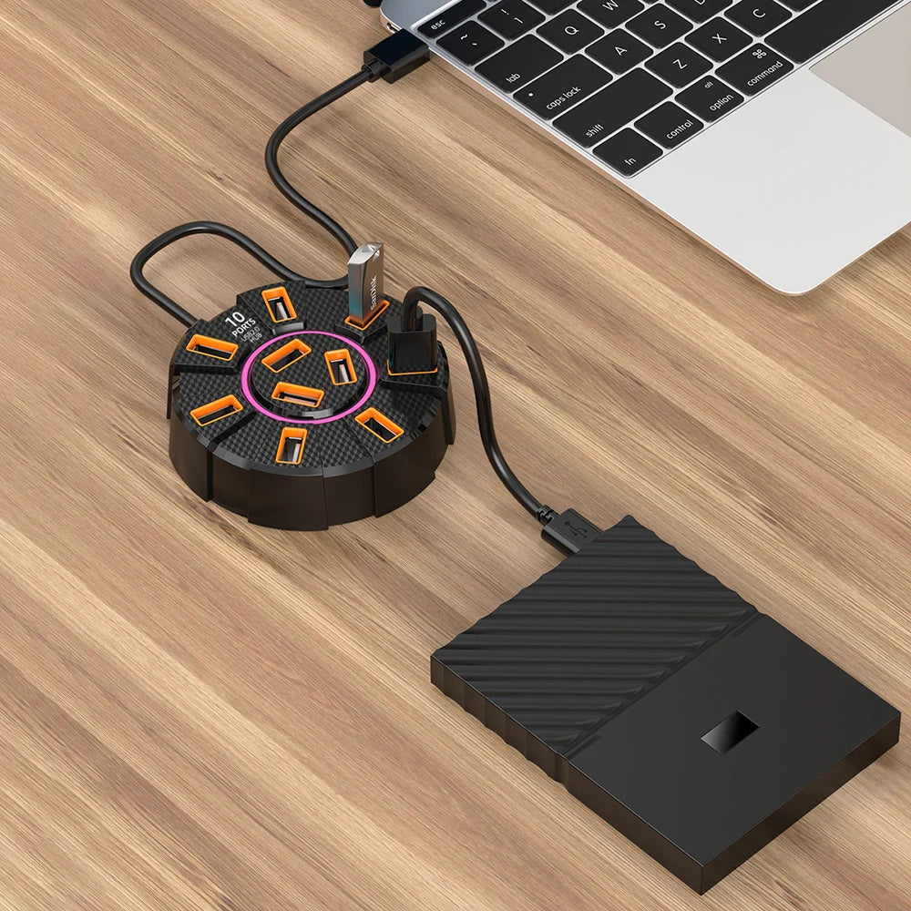 10-Port USB 2.0 Hub RGB Backlight 1.2m Cable | OULLX USB Hub HIP