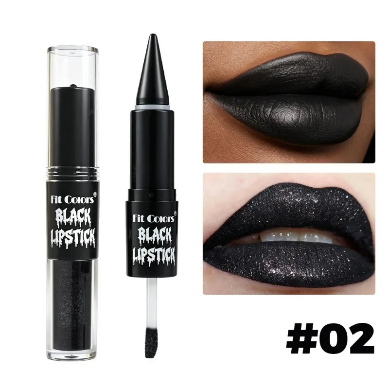 2 in 1 Halloween Lipstick Lip Gloss Non-Stick Cup Long Lasting Black Lip Makeup Moisturizing Shiny Lip Oil Gothic Dark Cosmetics HIP 02