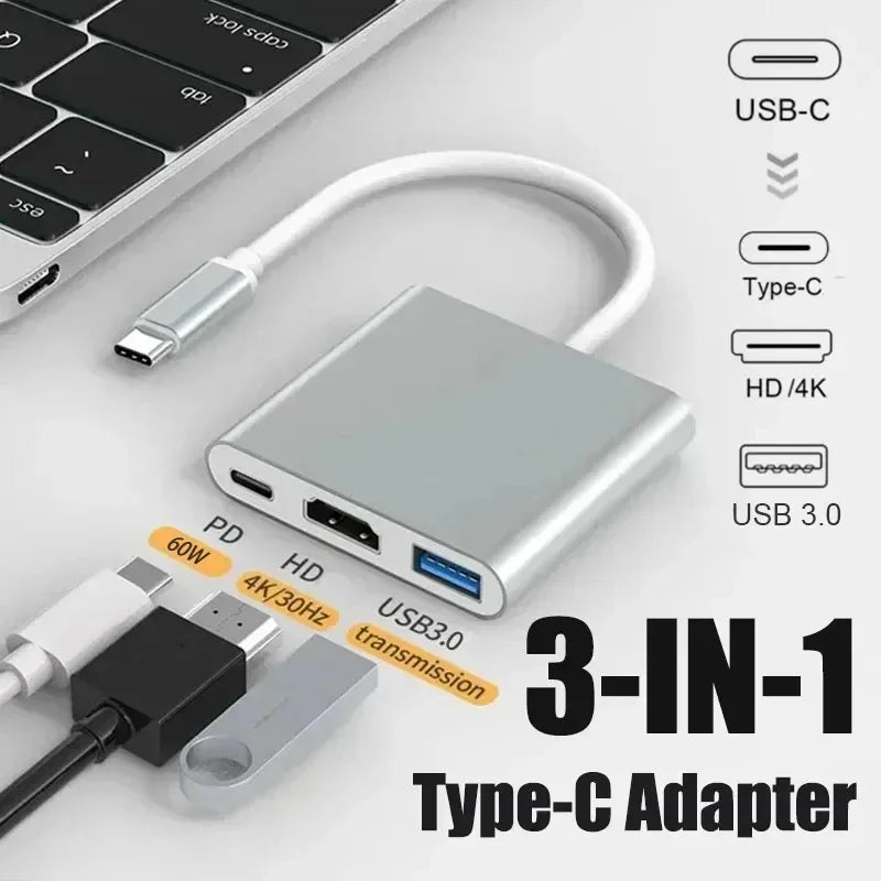 3-in-1 USB-C Hub – 4K HDMI, USB 3.0 & Charging Adapter USB-C Multiport Hub HIP Silver