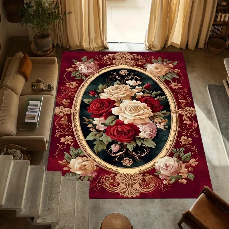 French Vintage Pink Rose Floral Rug – Non-Slip Floor Mat Floral Area Rug HIP