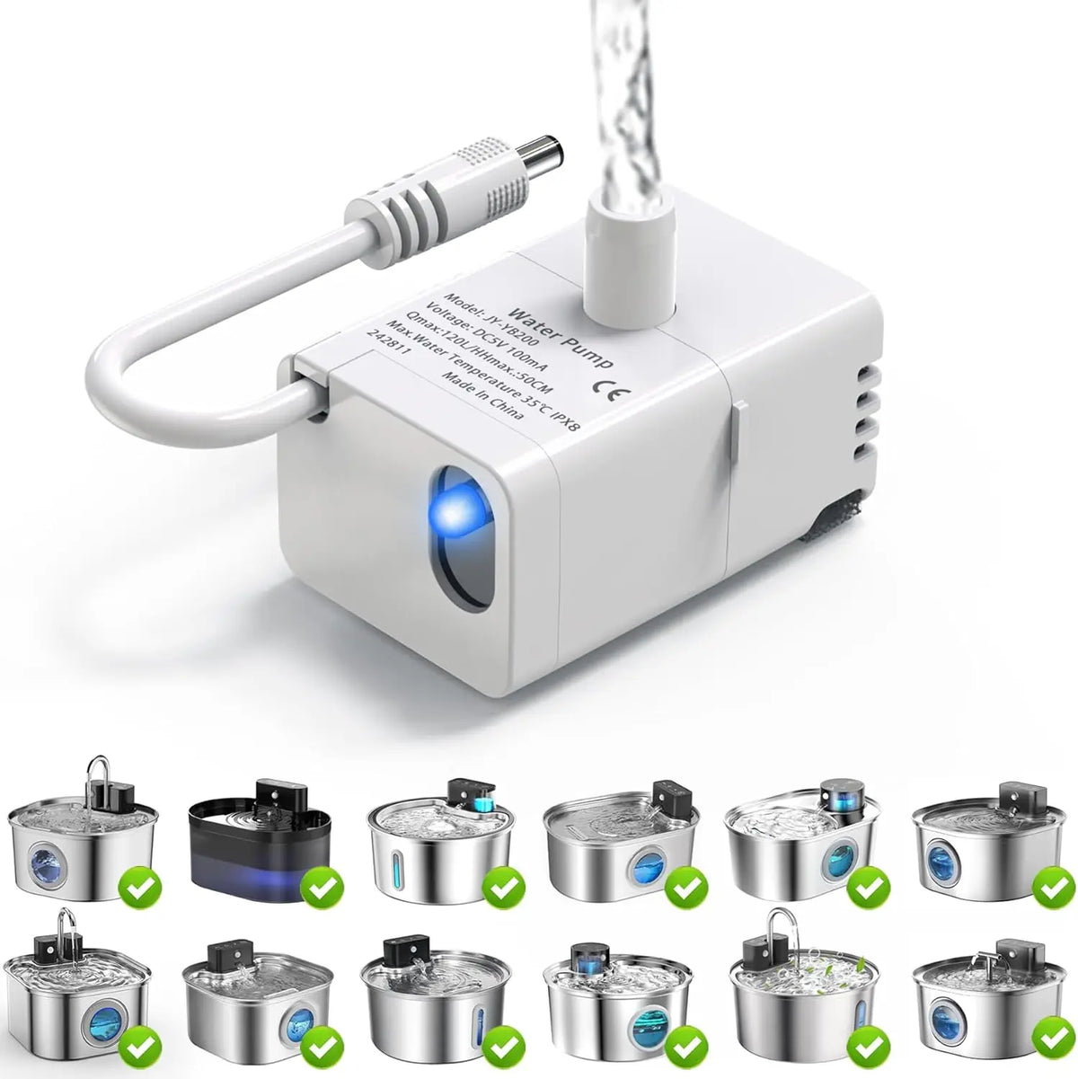 Cat Fountain Replacement Pump, LED Auto Power Off Light, Ultra Quiet Filter Pump Fit 2.2L/3.2L Smart Pet Water Dispenser HIP
