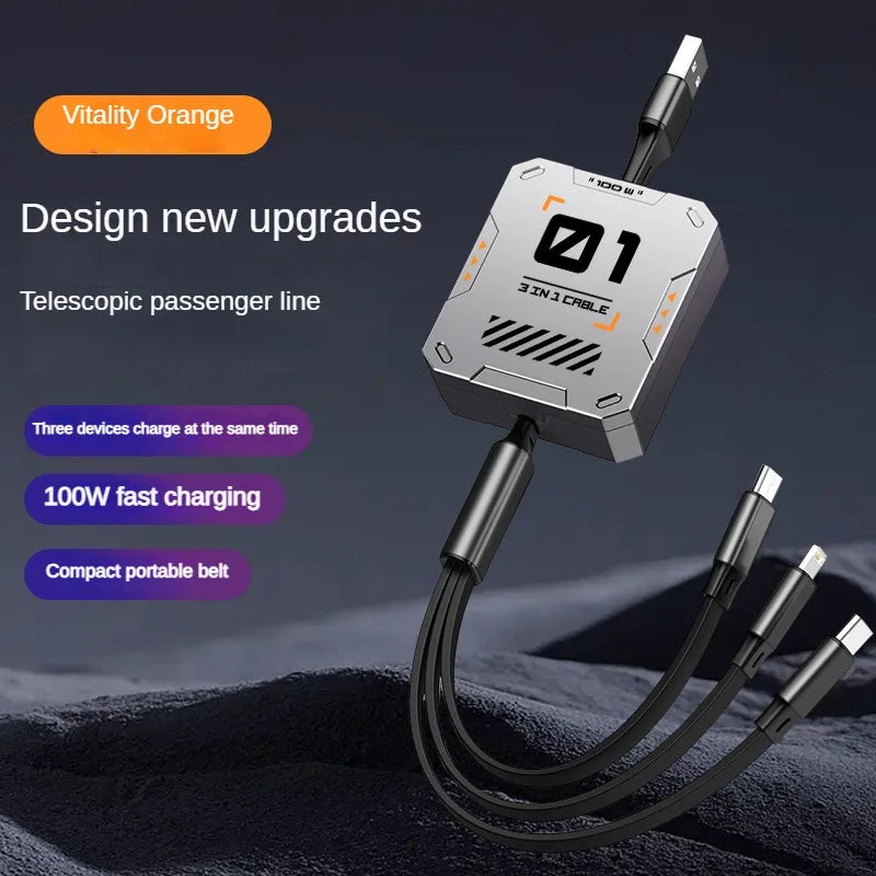 3 in 1 Multi Retractable USB Phone 100W Fast Charging and Data Cable for Lightning/Android/Type-C Devices HIP Orange