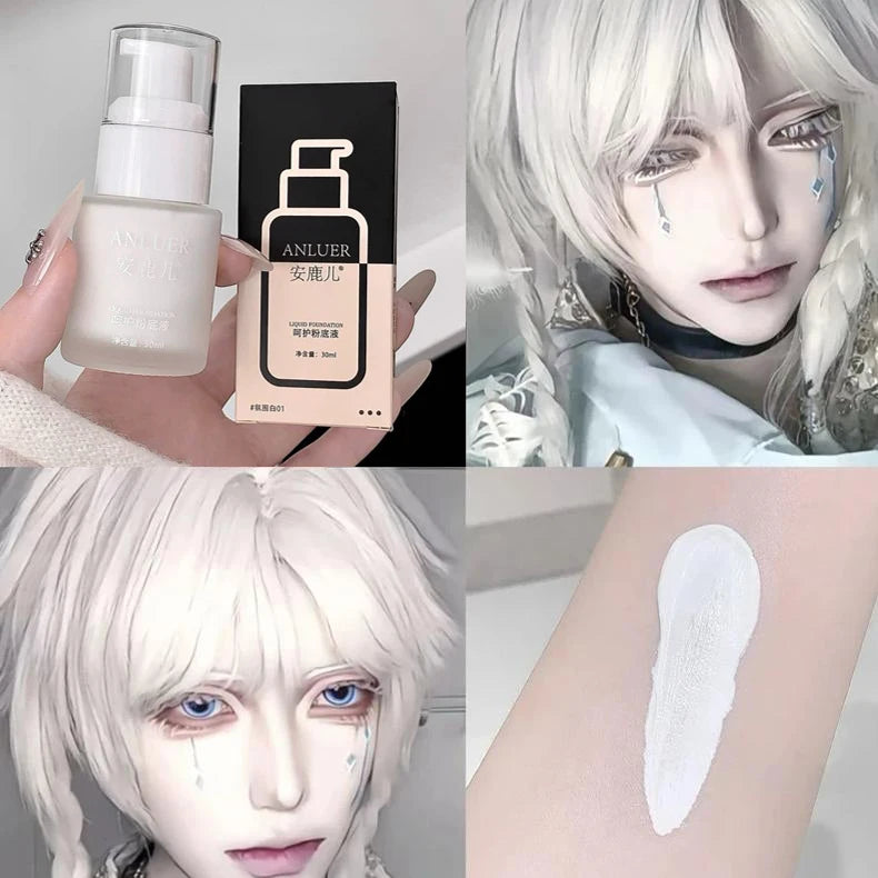Matte White Liquid Foundation Makeup Buildable Coverage Primer & Concealer Stick Waterproof & Long-Lasting for Halloween Cosplay HIP White 30ml