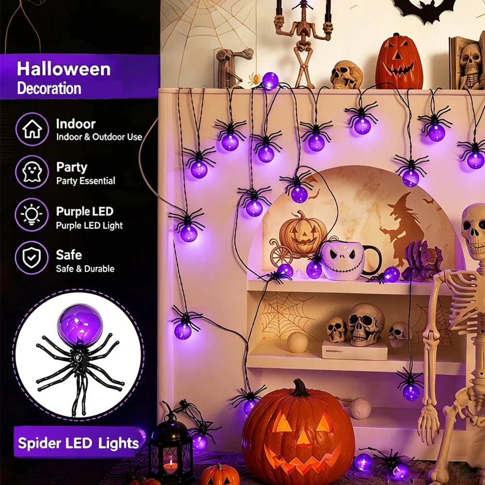 Waterproof Battery Powered Lamp With Timer 10/20 LEDS Purple Spider Halloween String Lights For Indoor Outdoor Party Decorations HIP