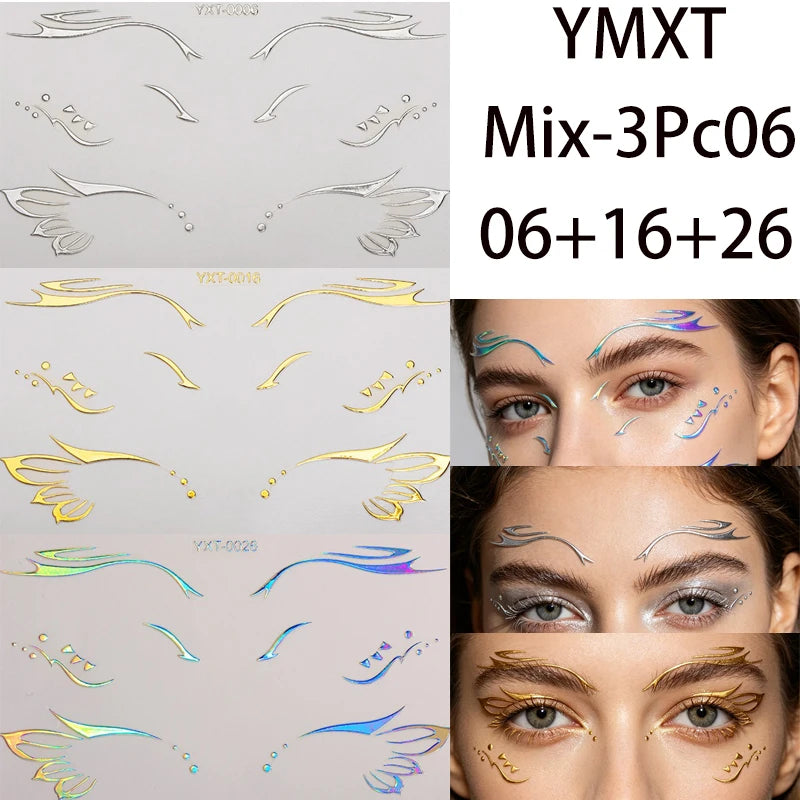Colorful Eyes Makeup Stickers Laser Eye Eyeliner Eyebrows Face Art Sticker Decals Halloween Temporary Tattoo Party Decorations HIP Mixed-3Pc06