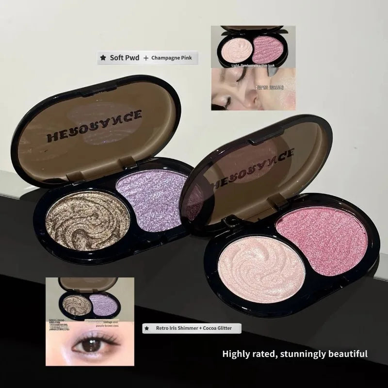 Two‑Tone Shimmer Eyeshadow Palette Pearlescent Pigmented Matte Glitter Eye Makeup Multi‑use Highlighter for Daily Smoky Eye Look HIP
