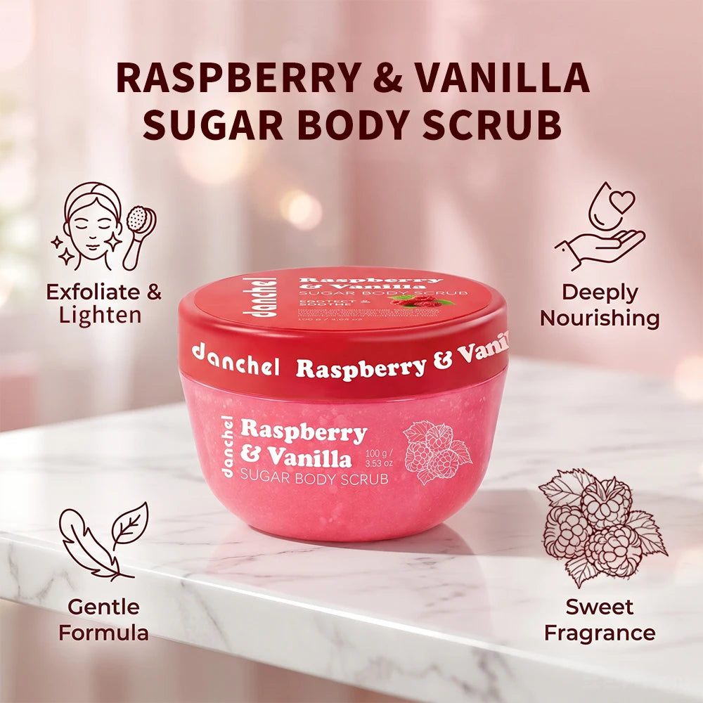 Raspberry Vanilla Sugar Glow Scrub Gentle Face Body Exfoliator Remove Dead Skin Cells Smooth Soft Fragrance Shower Care HIP