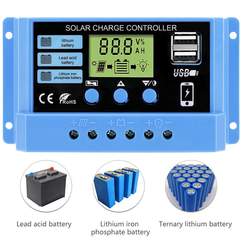 PWM Solar Charge Controller 10A 20A 30A 12V/24V LCD Dual USB Solar Charge Controller HIP