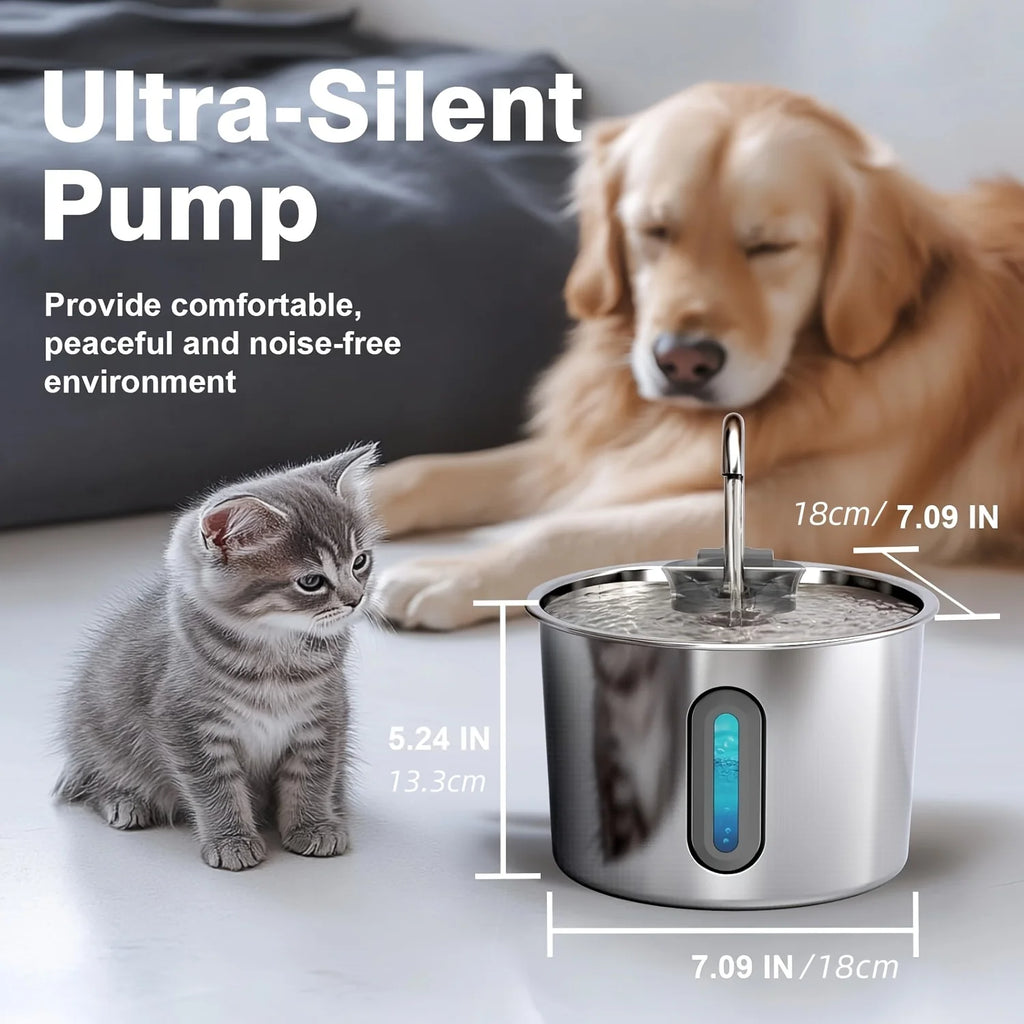Pet Water Fountain for Cats 74oz/2.2L Stainless Steel Indoor Drinking Dispenser Free Standing Cat Water Fountain with Filter HIP