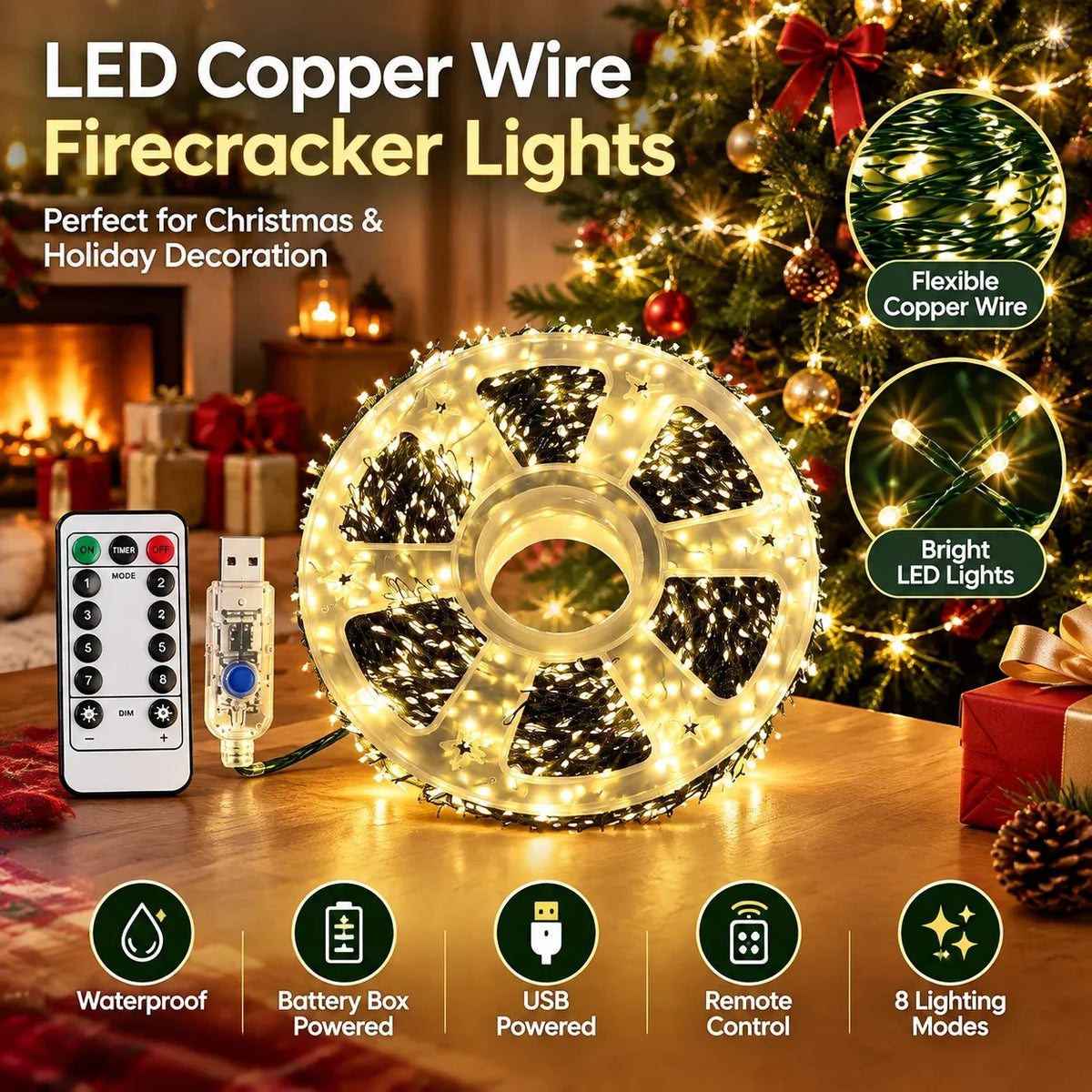 Waterproof Green/Silver Wire LED Copper Wire Firecracker String Lights Battery Box/USB Powered With Remote Christmas Decoration HIP