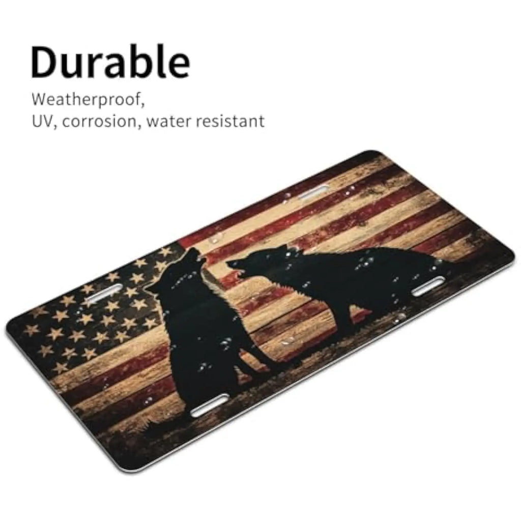 Howling Wolves American Flag Aluminum License Plate – Vintage Wood Decorative License Plate HIP