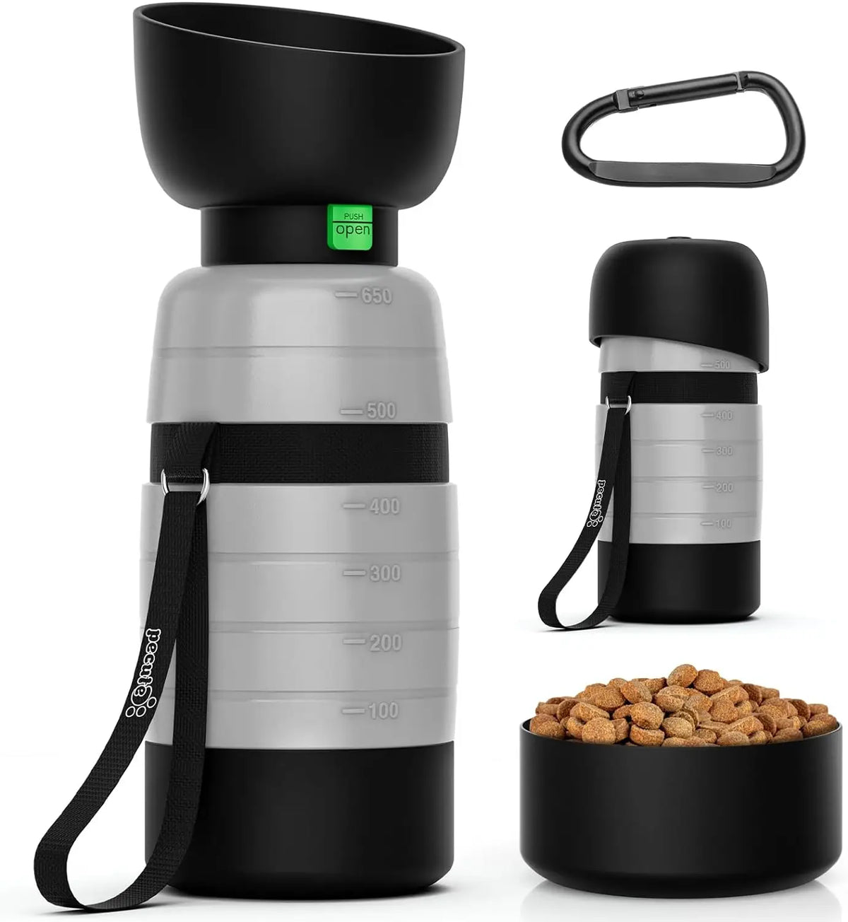 Portable Dog Water Bottle with Food Bowl & Container – 650ml Dog Travel Bottle HIP GRAY 650ml