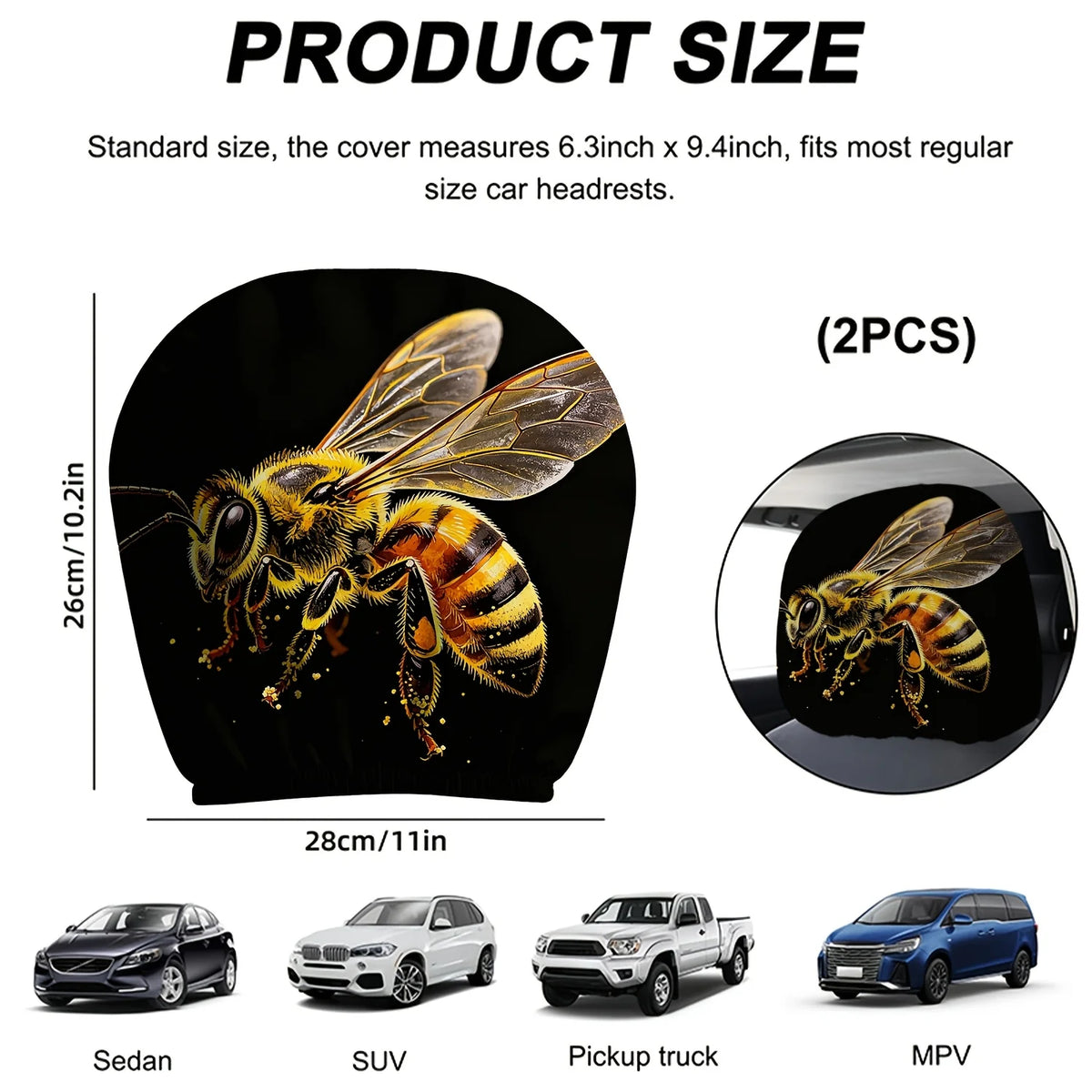 2-Pack Bee Print Car Seat Headrest Covers – Washable & Durable Car Headrest Cover HIP