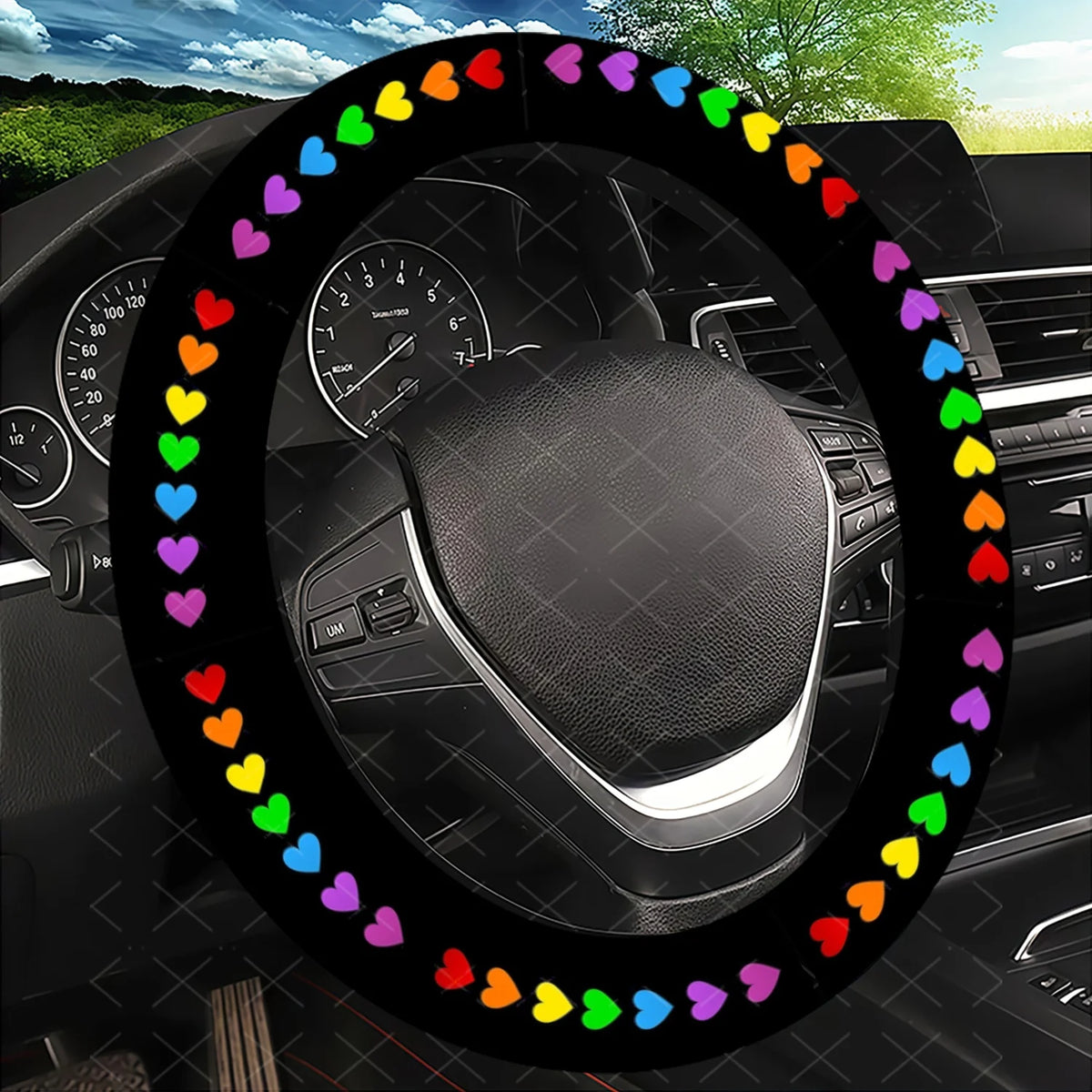Rainbow Gradient Hearts Steering Wheel Cover – Easy Install Steering Wheel Cover HIP 1