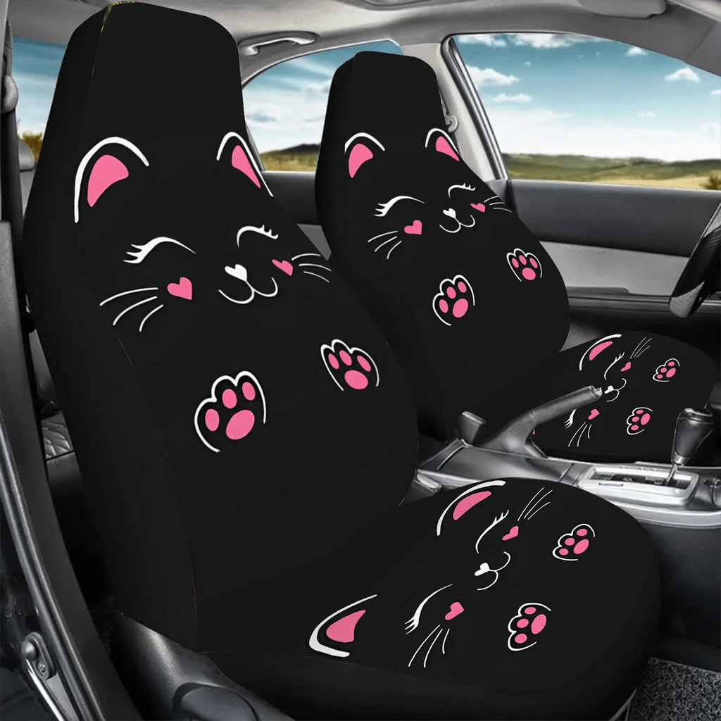 2-Pack Cat Print Car Seat Covers – Black Pink Kitten Design Car Seat Covers HIP