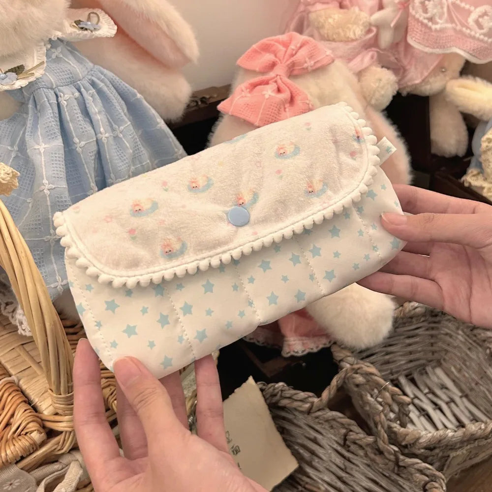 Kawaii Lace Ruffle Flip Pencil Case – Large Capacity Pouch Pencil Case Pouch HIP Blue White Bunny