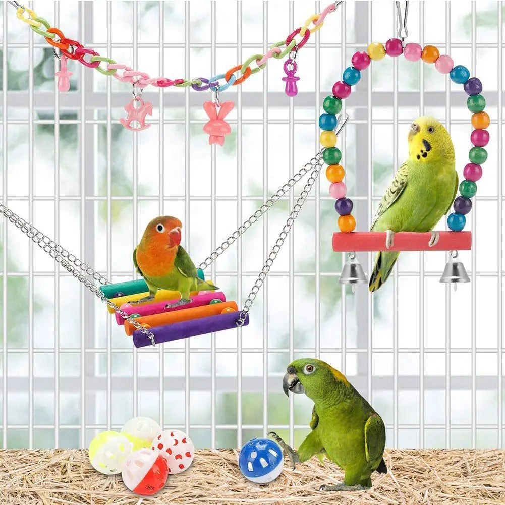 Bird Cage Toys for Parrots Wood Birds Swing Reliable Chewable Bite Bridge Wooden Beads Shape Parrot Toy 7pcs Bird Toys parrot HIP