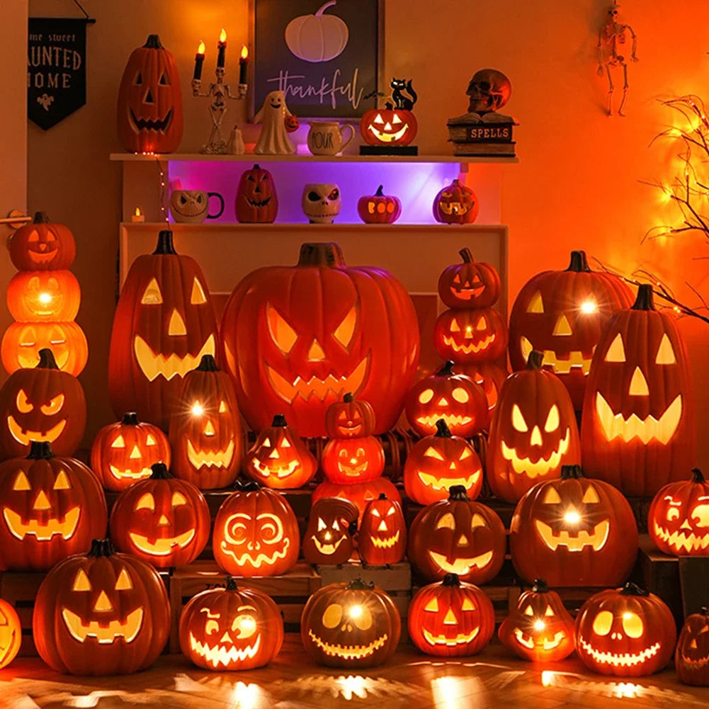 Halloween Home Yard Decor Prop Halloween LED Ghost Face Expression Pumpkin Lantern Realistic Artificial Pumpkin Decorative Light HIP