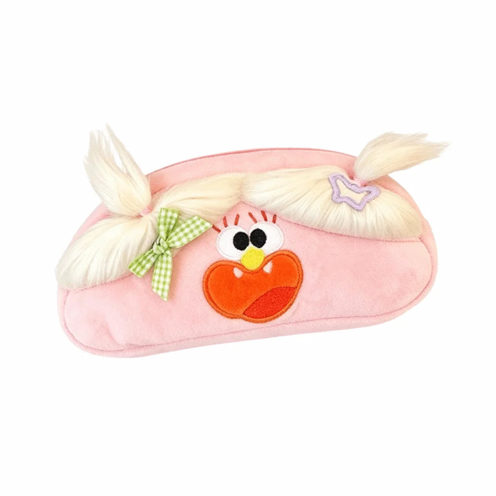 Cute Ugly Plush Pencil Case with Ponytail – Cartoon Pouch Plush Pencil Case HIP Pink