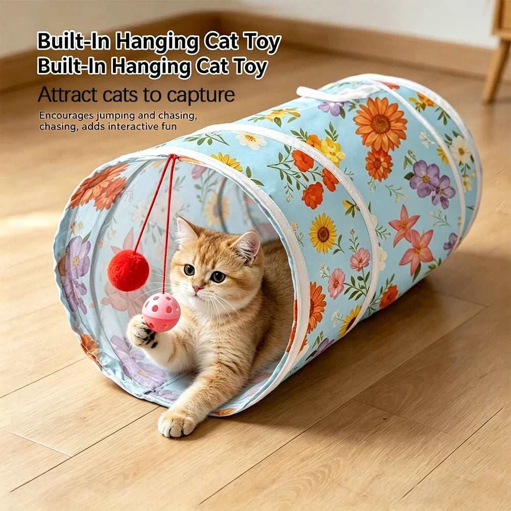 Cute Cat Tunnel Training Interactive Toy Blue Background Printed Cat Toy Tunnel Foldable Floral Pattern Cat Tunnel Pet Supplies HIP