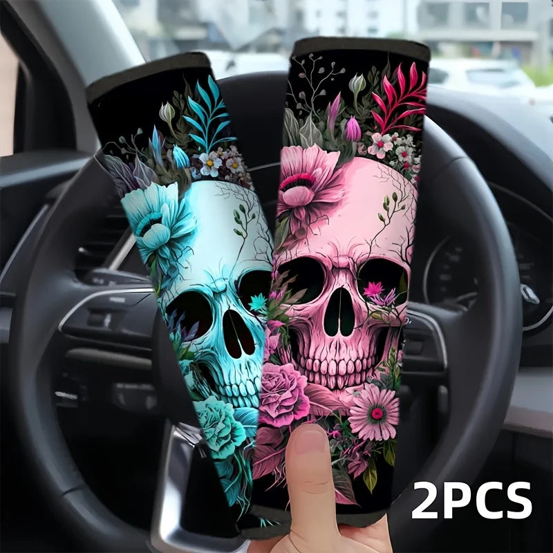 2-Pack Skull Floral Car Seat Belt Covers – Boho Gothic Seat Belt Cover HIP
